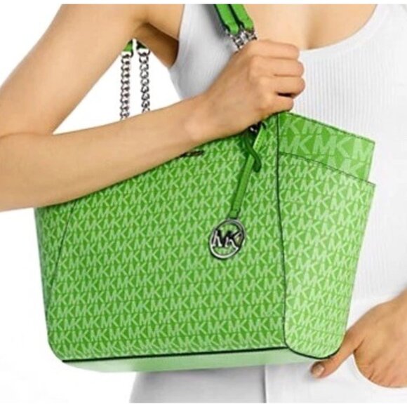 New Michael Kors Jet Set Large Logo Shoulder Bag Jungle Green - Picture 4 of 5